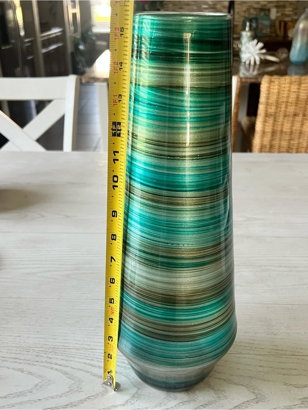 Tall Teal Green Brown Striped Glass Art Vase - 14”